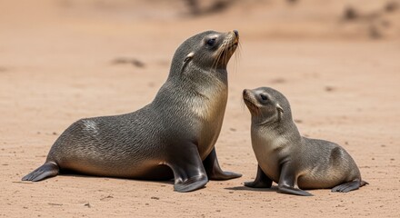 Two seals, one larger, sit side-by-side on sand, gazing upward with gentle expressions