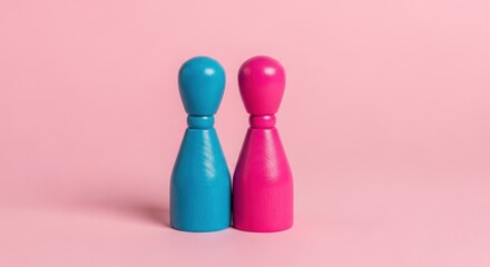 Two wooden game pieces, blue and pink, stand together against a soft pink background