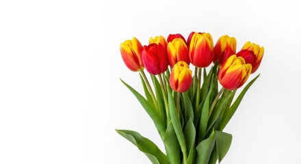 Vibrant bouquet of red and yellow tulips against a bright white background