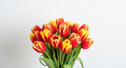 Vivid bouquet of vibrant red and yellow tulips against a clean white background