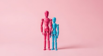 Two wooden articulated figures, pink and blue, stand closely against a pink backdrop