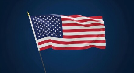 USA flag waving in front of a blue background, lit from the front, a golden pole