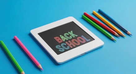 Tablet showing "Back to School" with colorful pencils on a solid blue surface