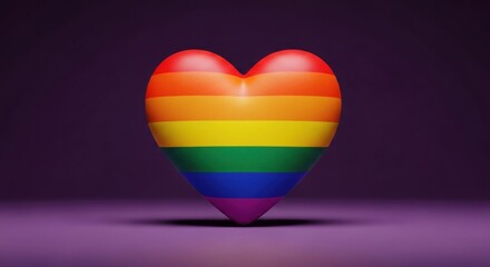 Vivid, glossy, 3D heart rendered in rainbow stripes, symbolizing love and pride