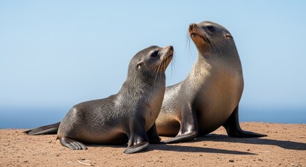Two seals, one pup, sit on reddish-brown ground, looking upwards against a blue sky, ocean visible