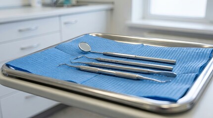 sterile instrument tray with neatly arranged chrome tools (mirror, probe, scaler) on blue drape