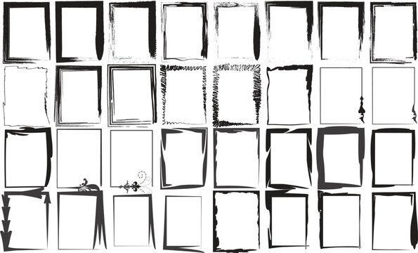 Set of black vertical grunge textured rectangular borders and distressed portrait frame design elements isolated