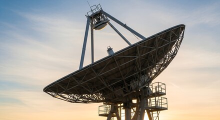 Large Satellite Dish Antenna Receiving Signals in the Sky at Sunset
