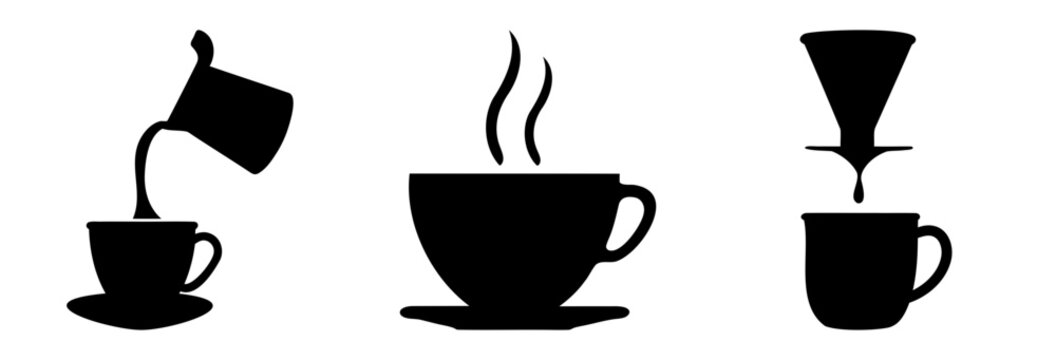 Black Silhouette Illustration of Coffee Brewing Methods on White Background Simple Art