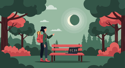 Woman with backpack looking at a solar eclipse in a park.