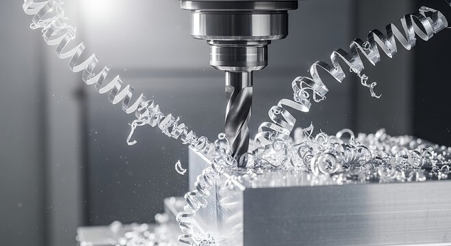 Metalworking Drill Bit Machining Aluminum Block Creating Swarf Close-up