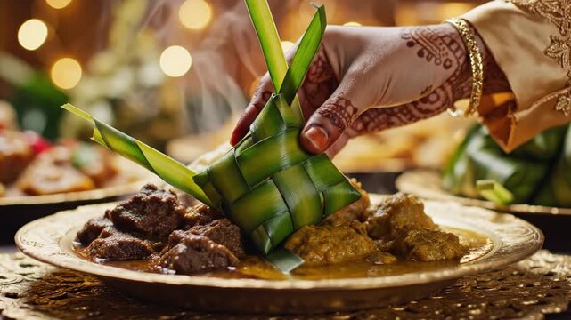 Loving hand with traditional mehndi placing a ketupat onto a plate with delicious Indonesian dishes during an Eid al-Fitr celebration, in a warm festive setting.