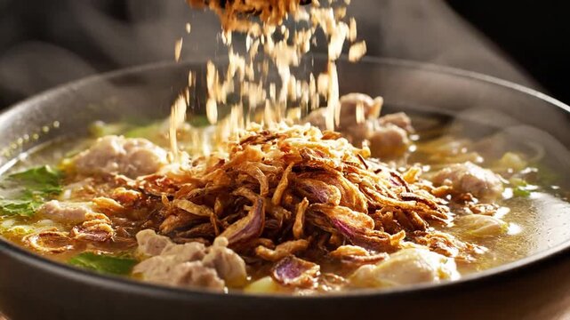 Close-up of aromatic Asian noodle soup being garnished with crispy fried shallots, steaming in a dark bowl on a dark background, warm and inviting.
