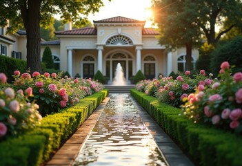 Obraz premium Opulent Mansion Elegant Fountain Inviting Garden Visuals Lush Greenery Pristine Pathways Tranquil Atmosphere