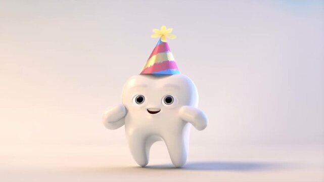 An overjoyed tooth character tosses its party hat in the air. Exuberant 3D animation for dental clinic happy celebrations.