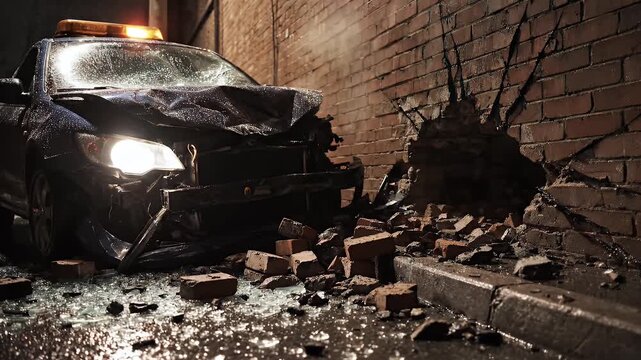 Dark Urban Alley Crash Scene Police Car Collided With Brick Wall Wet Ground Emergency Lights Flashing