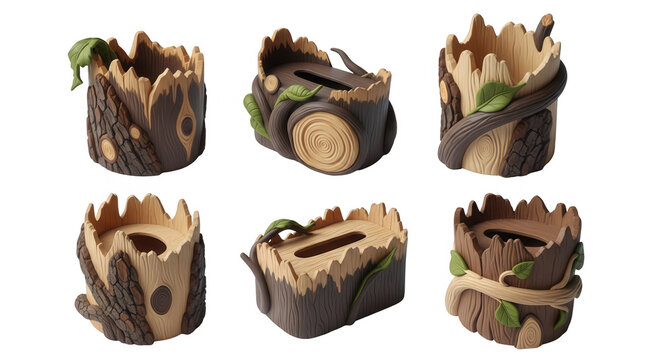 six decorative tree trunk shaped tissue box holders studio shot on a clean white background nature inspired design possible product images
