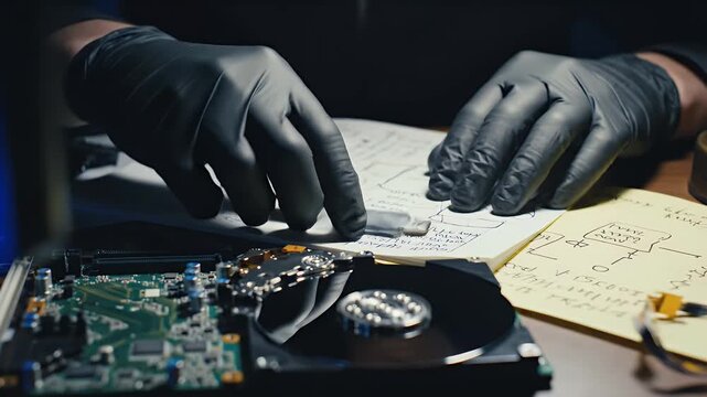 Dark Workstation With Single Focused Desk Lamp Illuminating Computer Components and Documents