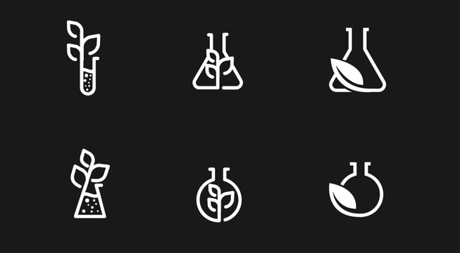 Biotechnology and Organic Science Icons Set. Minimalist line art logos featuring laboratory flasks and test tubes combined with plant leaves and sprouts