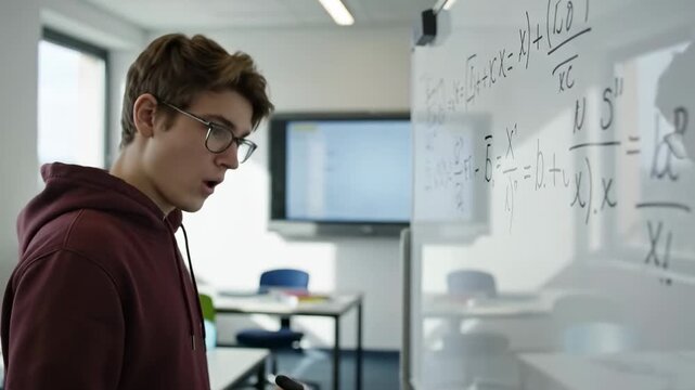 Young student writing equations on a whiteboard in a classroom setting.