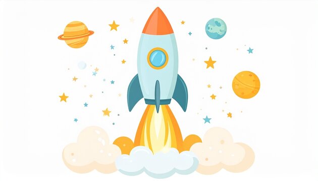 Space shuttle launch cartoon rocket vector illustration in galaxy sky with stars planets and astronaut