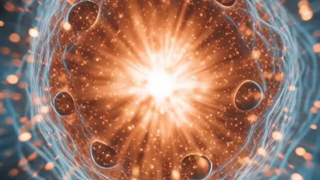 Abstract representation of a cell nucleus with bright energetic core and surrounding structures.