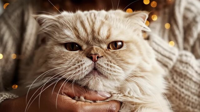 A close-up, warm, and inviting portrait of a grumpy-faced, fluffy Persian cat being held by someone indoors during a festive holiday season with bokeh lights in the background.