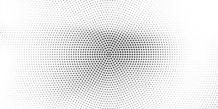 Halftone radial dotted background. Square dots comic gradient texture. Concentric fading gradation wallpaper. Black white rough grit overlay. Grunge gritty circular pop art cartoon backdrop. Vector