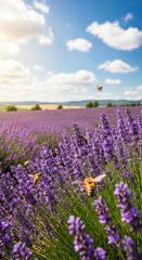 Fototapeta premium A field of purple lavender with bee, blue sky, and cloud. Represents nature, pollination, and the harmony of insect with plant, ideal for ecological concept