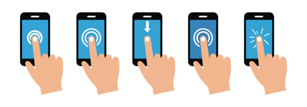 Mobile phone screen touch gestures set with human hand tapping and sliding on blue smartphone display icons
