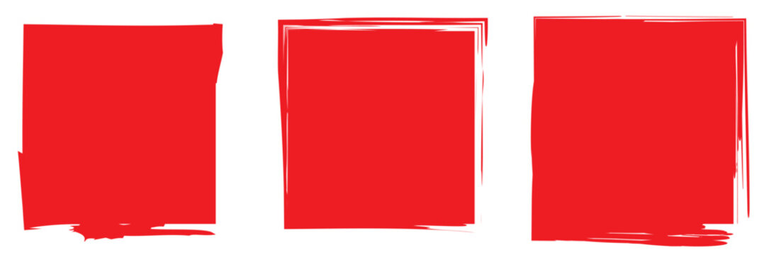 Set of Red Grunge Square Brush Frames. Collection of six rough red square brush stroke frames isolated on white background, ideal for grunge designs, posters, and social media templates.