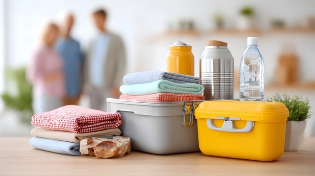 Table laden with organized lunchbox water bottle folded textiles and food supplies ready for an outdoor picnic with a family softly focused behind