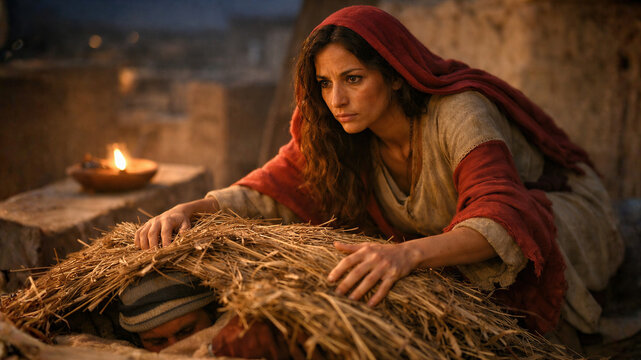 Rahab Hiding Two Israelite Spies on the Rooftop Under Flax from Soldiers