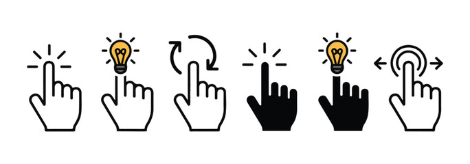 Hand click gesture icons with lightbulb idea symbols and interaction signs for creative technology solutions © Sumon