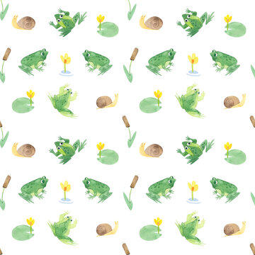 Watercolor pattern for fabric and scrapbooking. Frogs, snails, reeds, water lilies, swamp inhabitants on a white background. Watercolor illustration set of frog illustrations