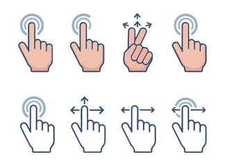 Obraz premium Set of vector hand cursor and finger gestures icons in line art style with pastel colors