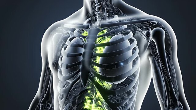 Detailed 3D Anatomy Render Of The Human Spine With Glowing Yellow Vertebrae Against A Dark Blue Gradient Background Showing Skeletal Structure And