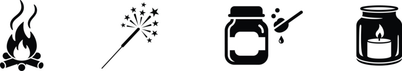 Black and white illustration of four kitchen items