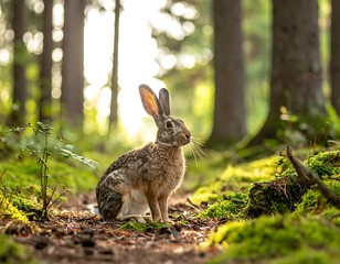 Fototapeta premium Wild brown rabbit sits on a mossy path in a sunny forest surrounded by tall trees