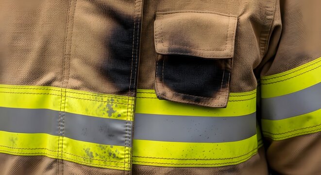 Close-up of a worn firefighter's protective jacket featuring reflective safety stripes and soot stains from fire exposure, showcasing duty and danger