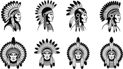 Vintage black ink linocut collection of Native American chiefs featuring traditional feather headdresses in detailed engraving style for cultural design © Ponkaj