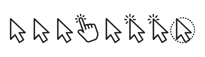 Obraz premium Computer cursor set with various pointer icons for navigation and digital interface design in line art style