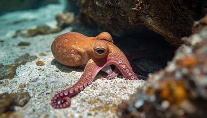 Octopus camouflaging on rocky seabed in shallow tropical water