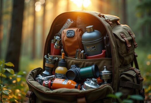 Packed Backpack Contents Supplies For Extended Wilderness Trip Survival Expedition