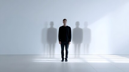 Obraz premium An individual with an obscured face stands in a stark empty room surrounded by blurred ghostly figures creating an atmosphere of introspection on identity perception and isolation