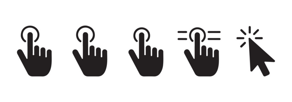 Clicking mouse and hand cursor icons, pointer arrows, user interface symbols for web design elements