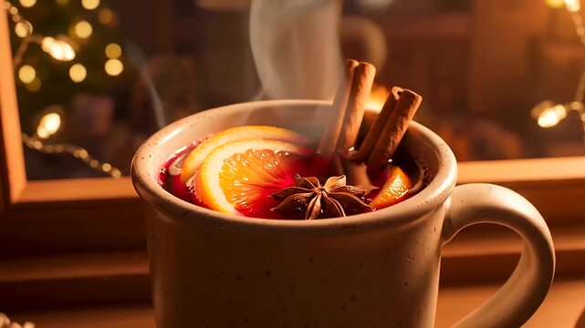 Aromatic mulled wine in a steaming mug sits by a softly lit window, perfectly capturing cozy home decor and the warm, inviting spirit of winter holidays.