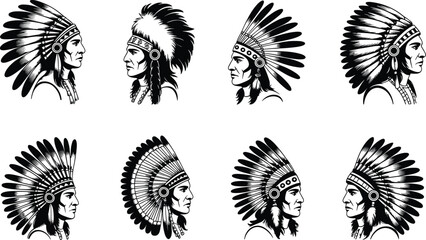 Vintage black ink linocut collection of Native American chiefs featuring traditional feather headdresses in detailed engraving style for cultural design © Ponkaj