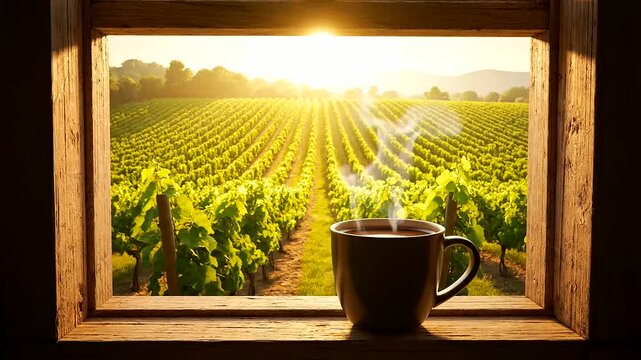 A picturesque golden hour view of a vibrant vineyard through a rustic window with a steaming mug, embodying cozy home decor and morning serenity.