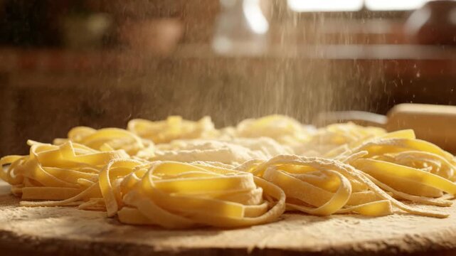 Freshly Made Pasta Being Dusted With Flour on a Wooden Surface.
